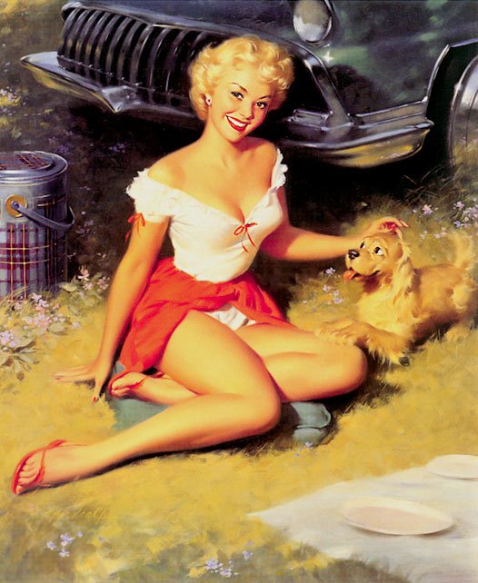 Young women sitting in front of car with golden spaniel puppy - painting by Bill Medcalf
