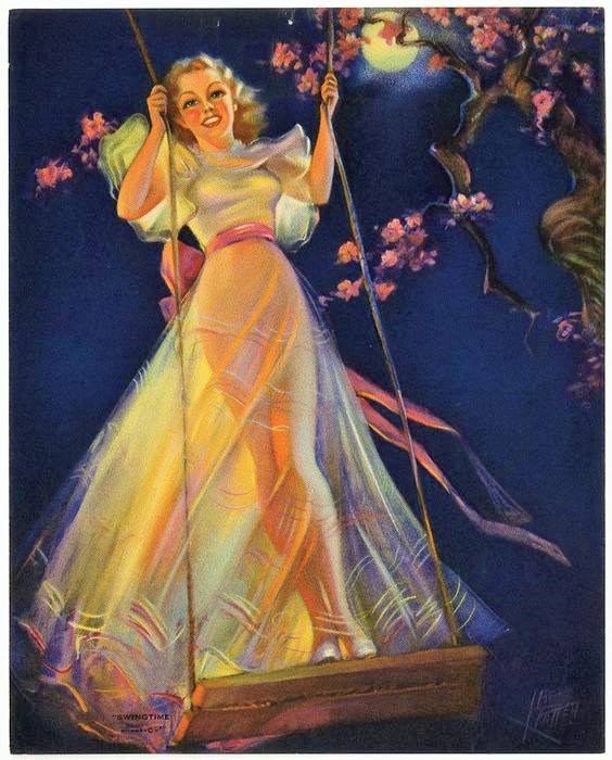 Art Deco style woman standing and swinging on a tree swing, wearing a full length chiffon dress