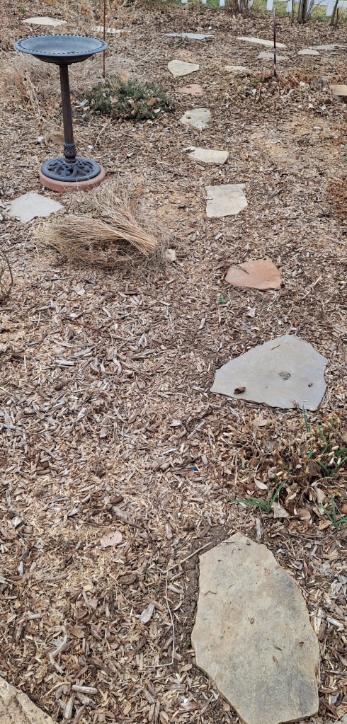 Stone path in garden bed