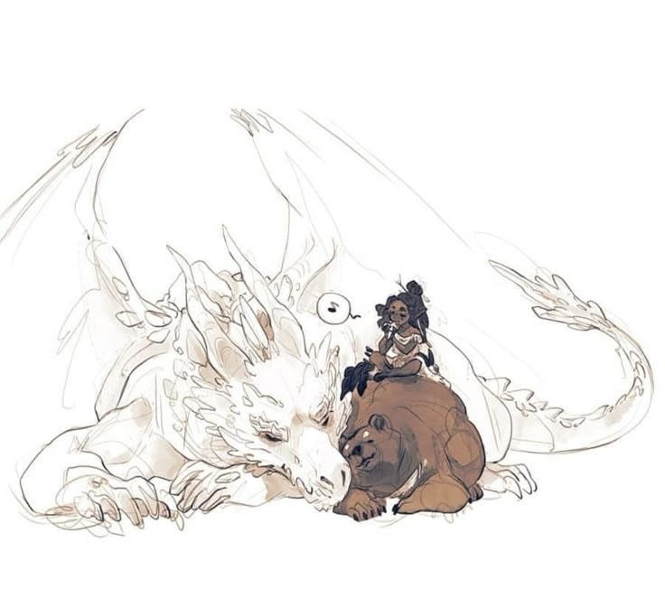 A dragon, a bear and a young women playing a flute