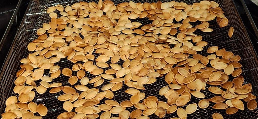 Air fryer tray filled with roasted pumpkin seeds