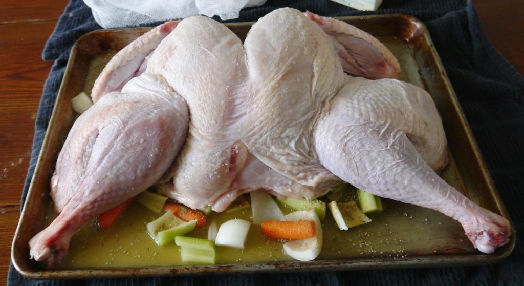 spatchcock turkey prepped on celery, carrot, onion bed in pan