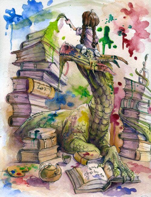 Girl sitting on top of a dragon, painting with watercolors along with a stack of book
