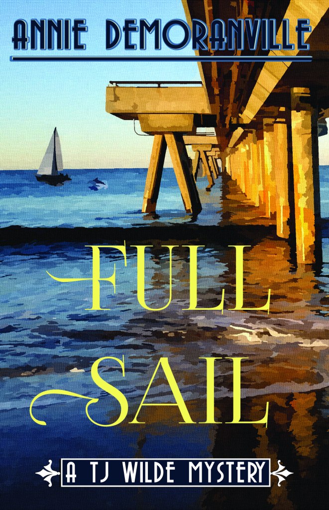 Full Sail cover Golden Fishing Pier with sailboat and dolphin in the background