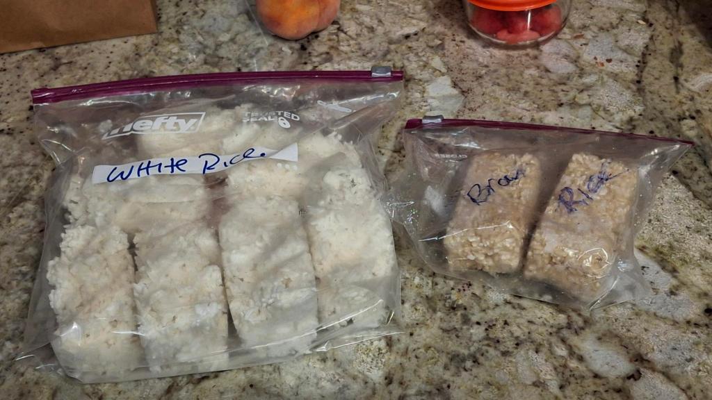 cooked brown and white rice frozen squares