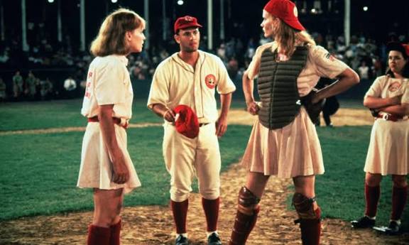 Lori Petty, Tom Hanks and Geena Davis on the field in A League of Their Own film